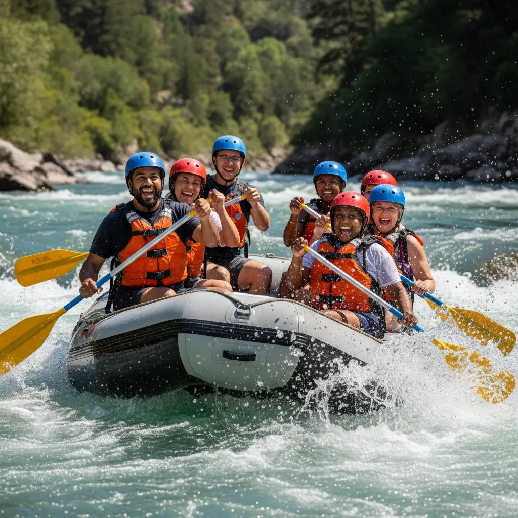 Group of friends enjoying white water rafting