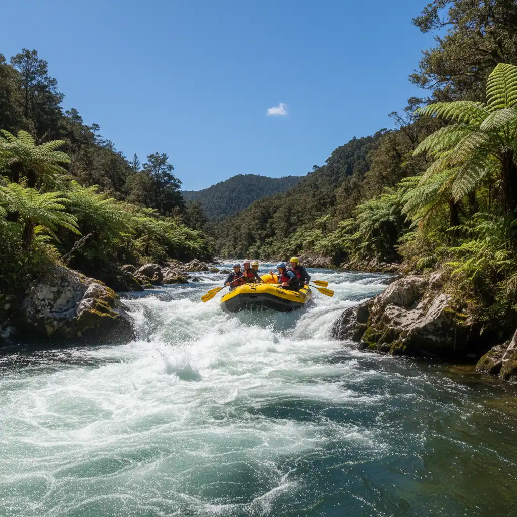 Raft navigating Grade 3 rapids on Tarawera River