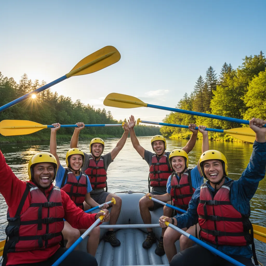 Group of friends celebrating on a raft