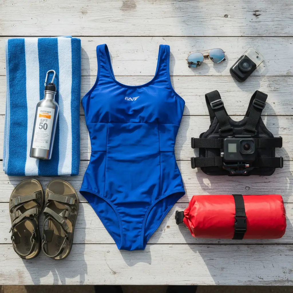 Flat lay of rafting essentials