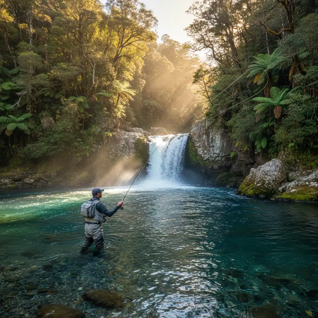 Fly fishing in the upper Tarawera River near the falls