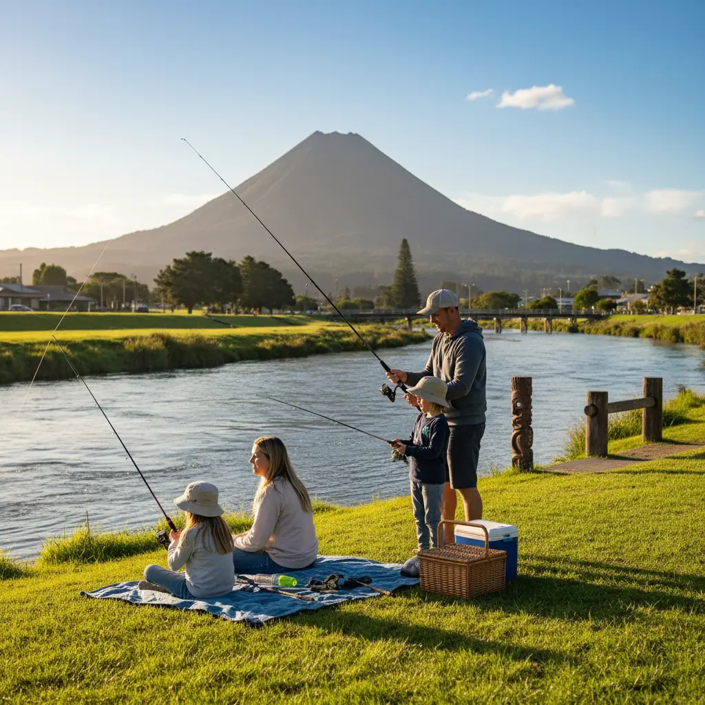 Family fishing spots in Kawerau township along the river