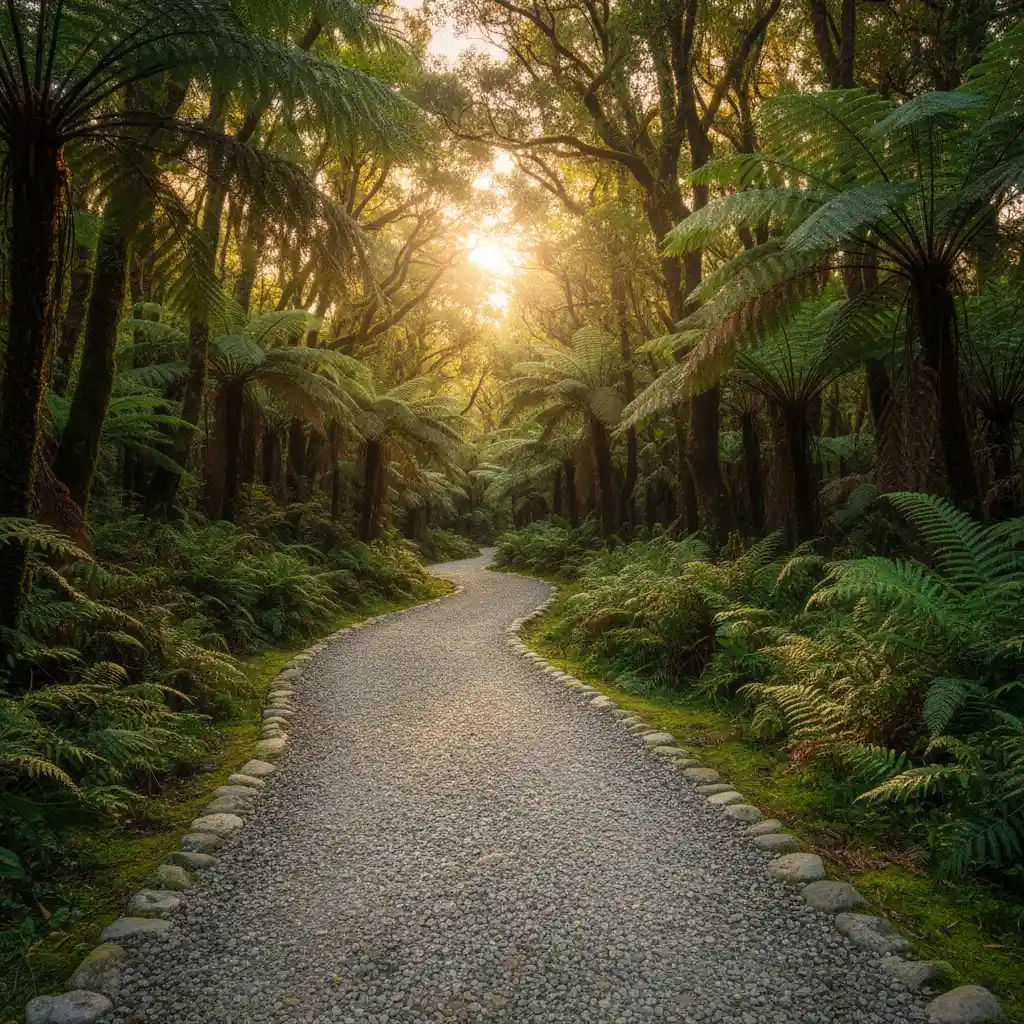 The walking track to Tarawera Falls surrounded by native bush