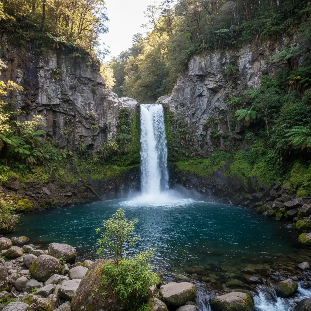 Tarawera Falls emerging from the cliff face