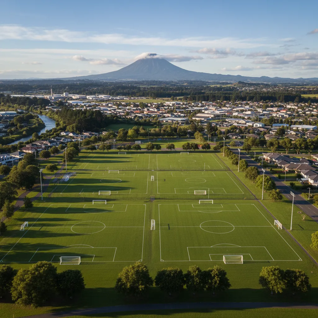 Aerial view of Stoneham Park soccer fields layout in Kawerau