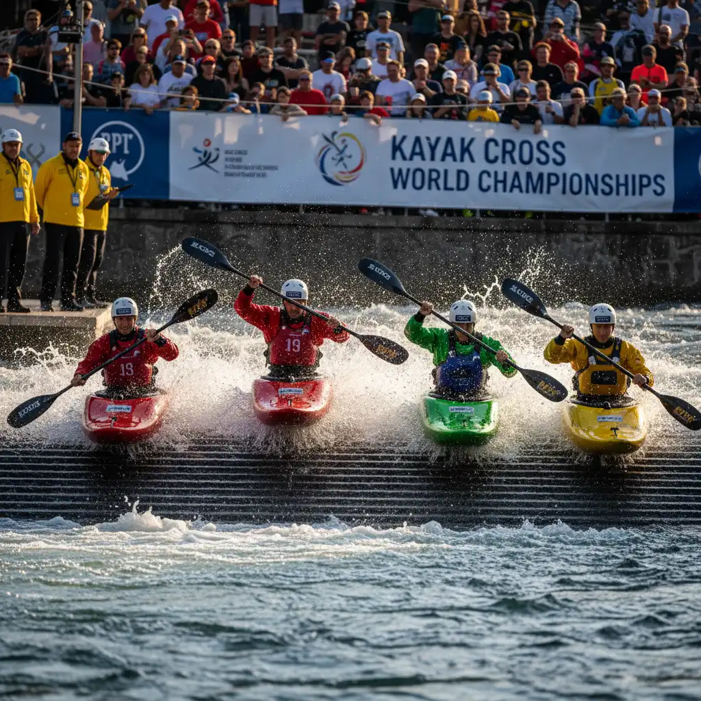 Four kayakers launching for a Kayak Cross event