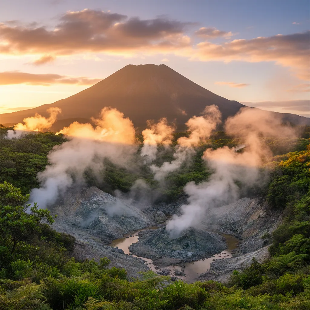 Mount Putauaki overlooking geothermal steam vents in Kawerau