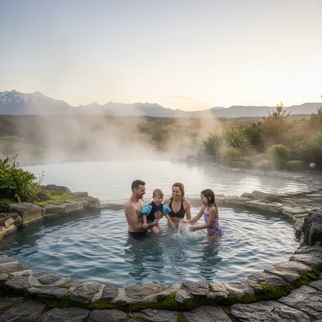 Family swimming safely in geothermal pool