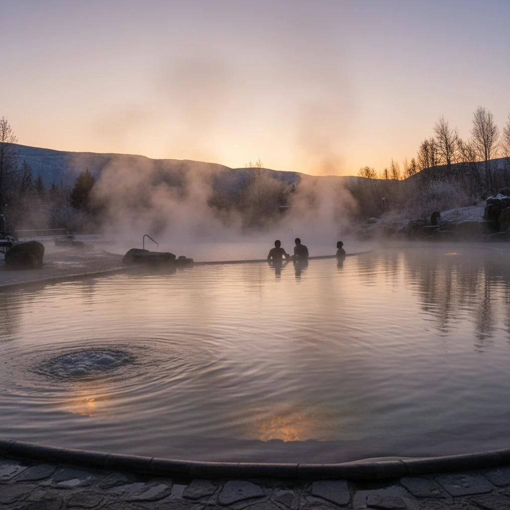 Thermal spa pool with steam rising