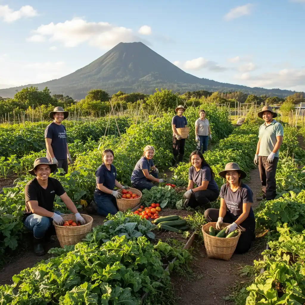 Community garden members harvesting fresh vegetables in Kawerau