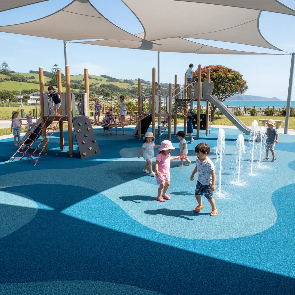 Modern playground equipment and water play features at Tarawera Park