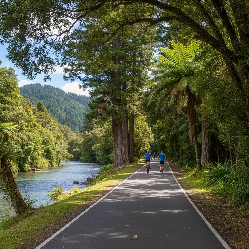 Paved walking paths connecting Tarawera Park to the river walkway