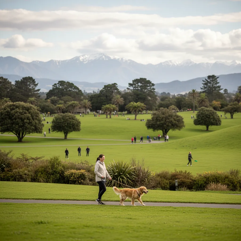 Dog walking on a leash within Tarawera Park grounds
