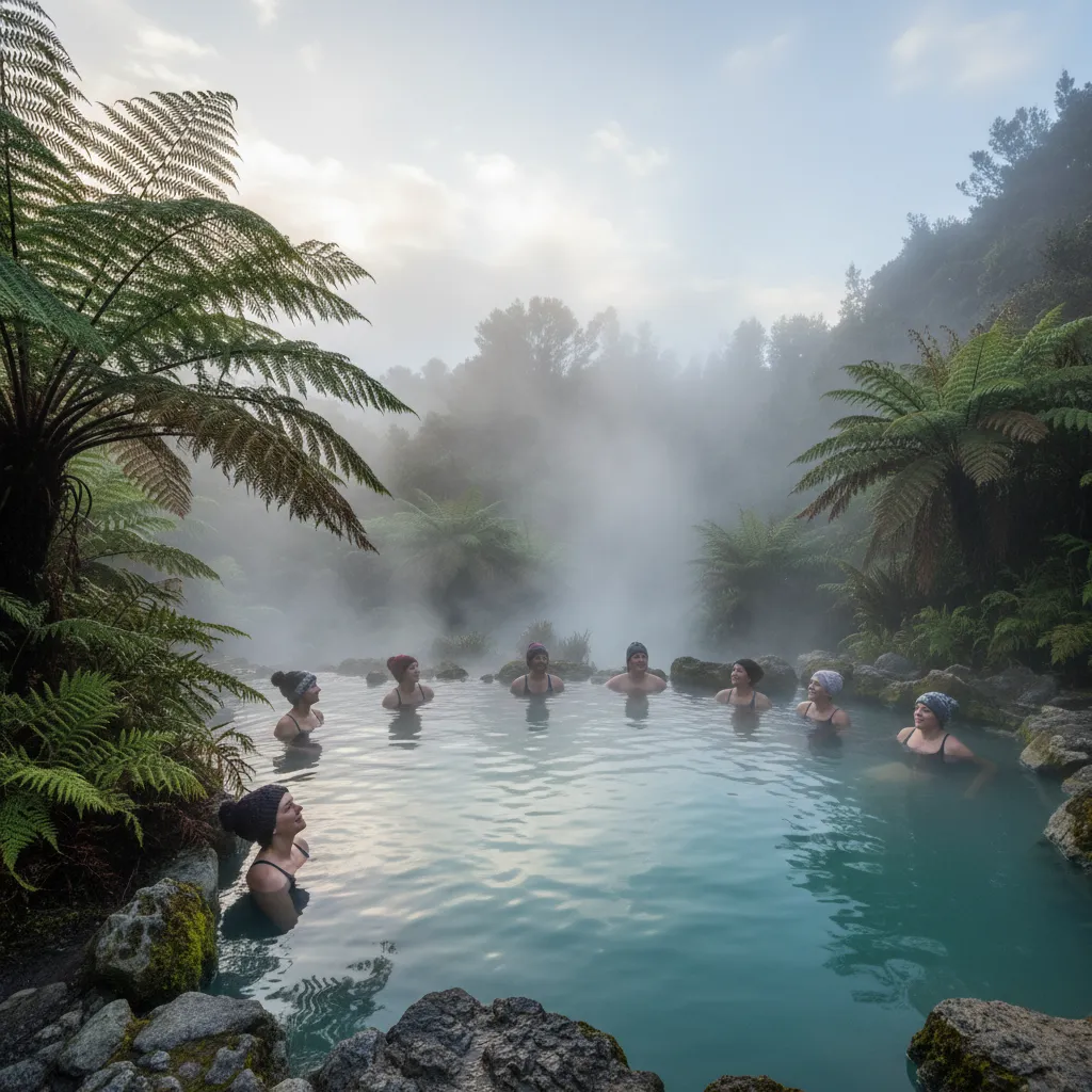 Steam rising from winter geothermal hot pools in Kawerau