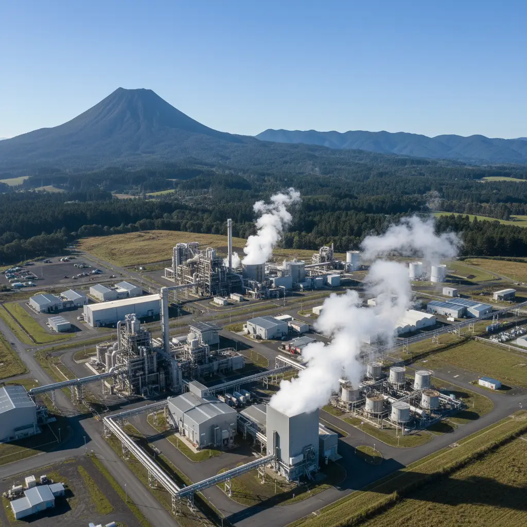 Aerial view of the geothermal energy Kawerau industry complex showing steam usage