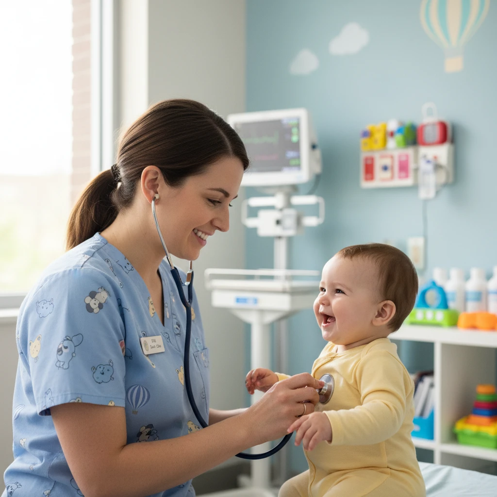 Pediatric nurse performing a checkup on a baby in Kawerau