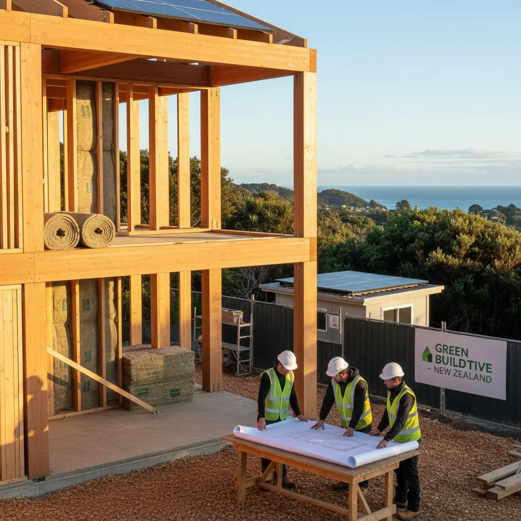 Green builders constructing an energy-efficient home