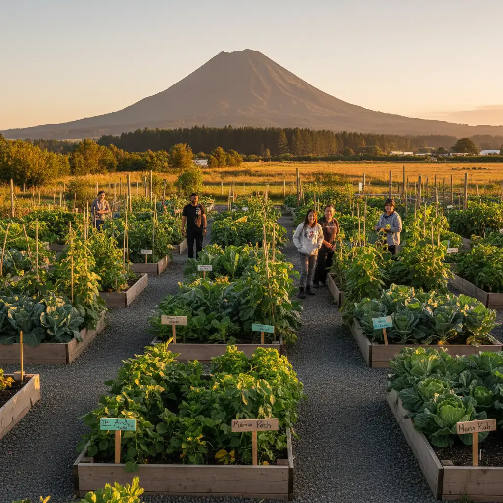 Kawerau Community Gardens landscape with Mount Putauaki in the background