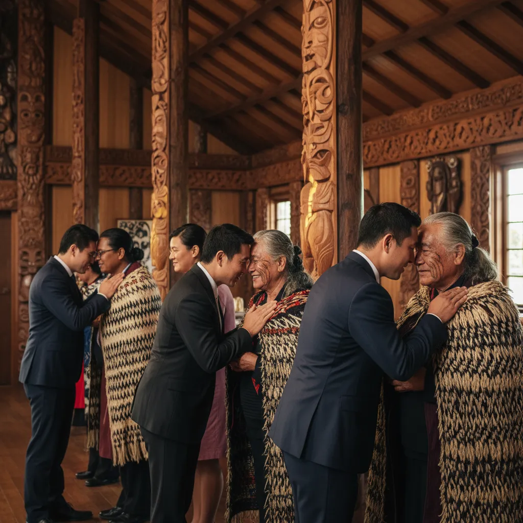 Business professionals performing the Hongi at Rautahi Marae