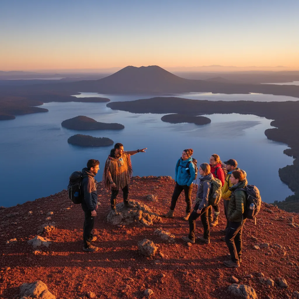 Hikers on the summit of Mount Tarawera with a Maori guide