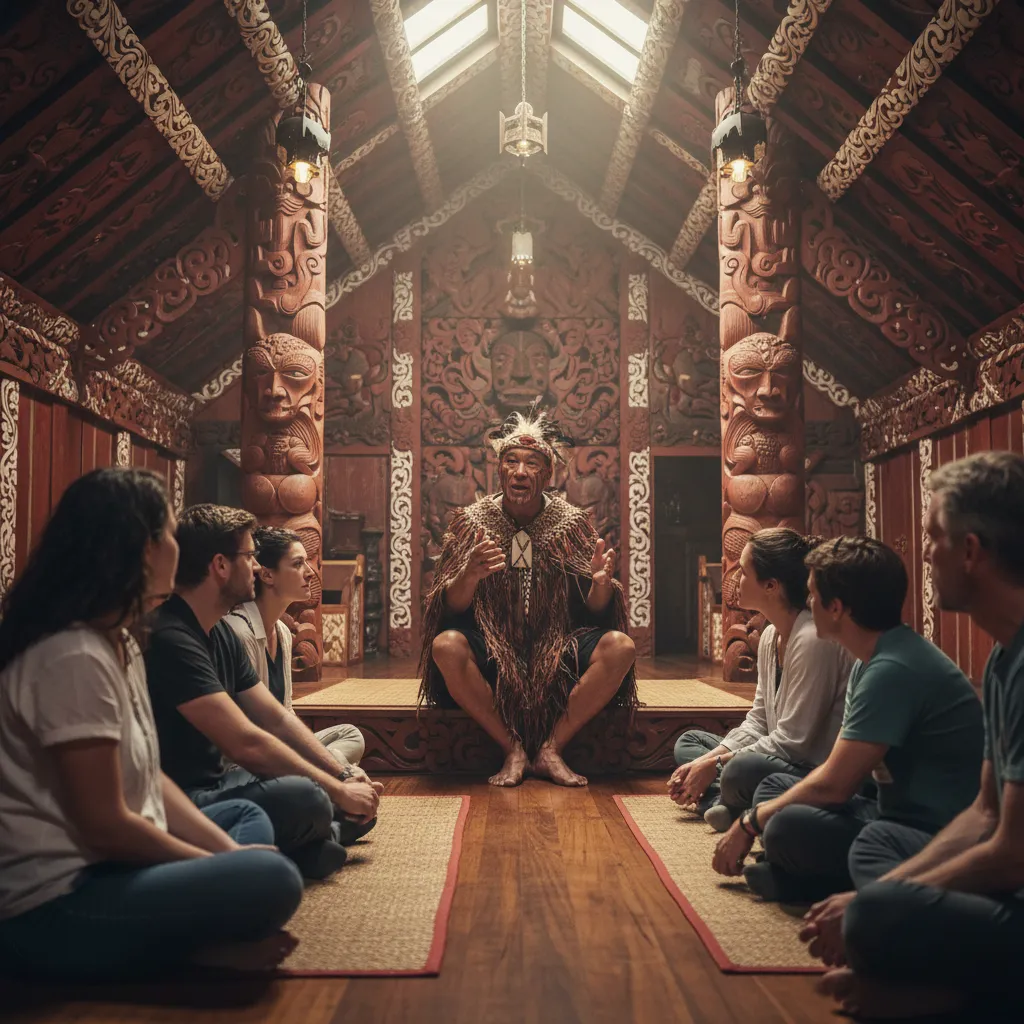 Maori elder storytelling in a traditional meeting house
