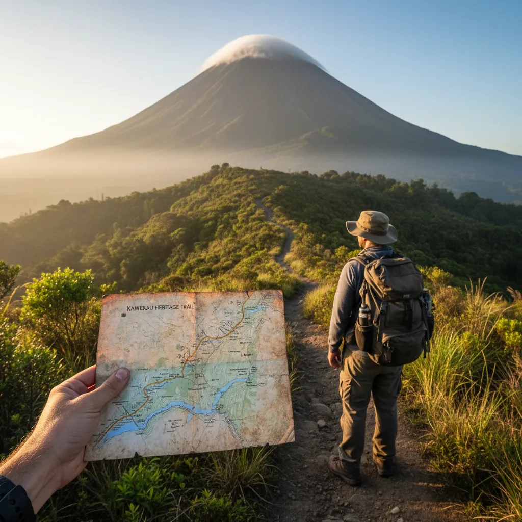 Hiker viewing Kawerau heritage trail map in front of Mount Putauaki