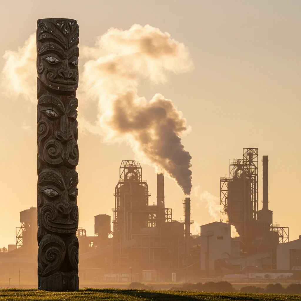 Contrast of Māori carving and industrial mill in Kawerau