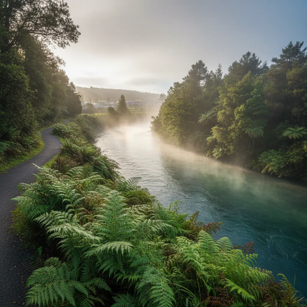 Scenic view of Tarawera River walking path in Kawerau