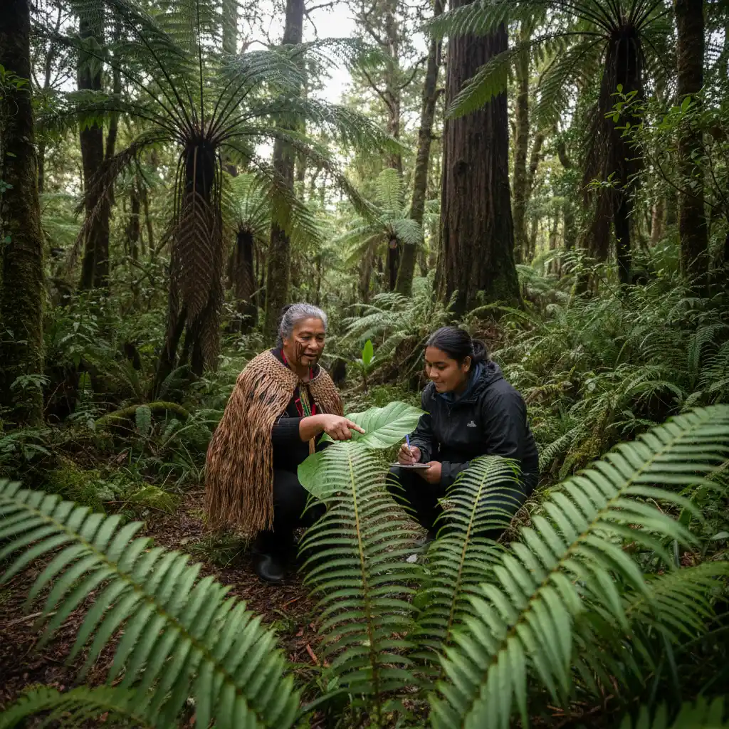 Elder teaching Rongoā Māori plant identification in a New Zealand forest
