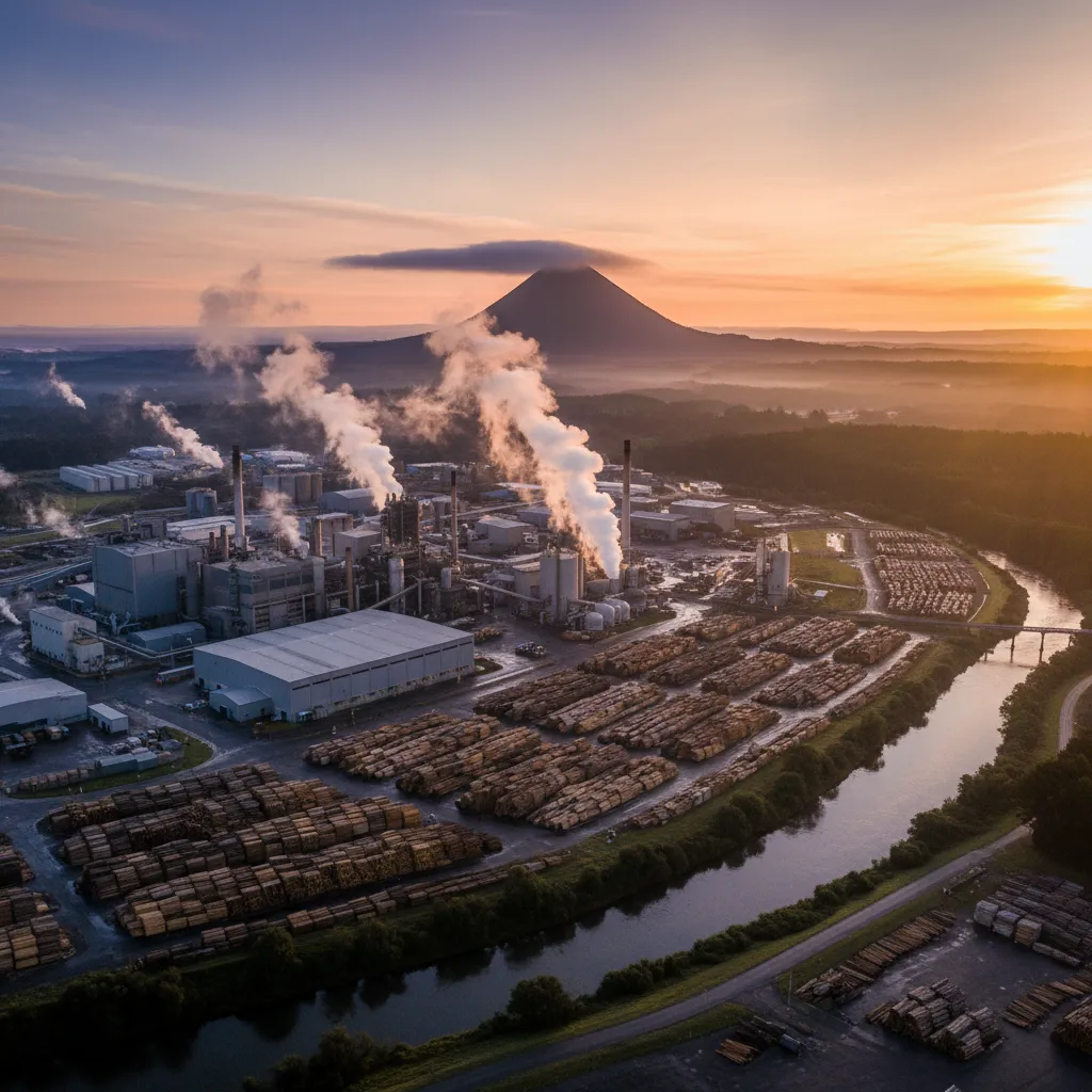 Aerial view of Kawerau industrial zone showing factories and geothermal steam