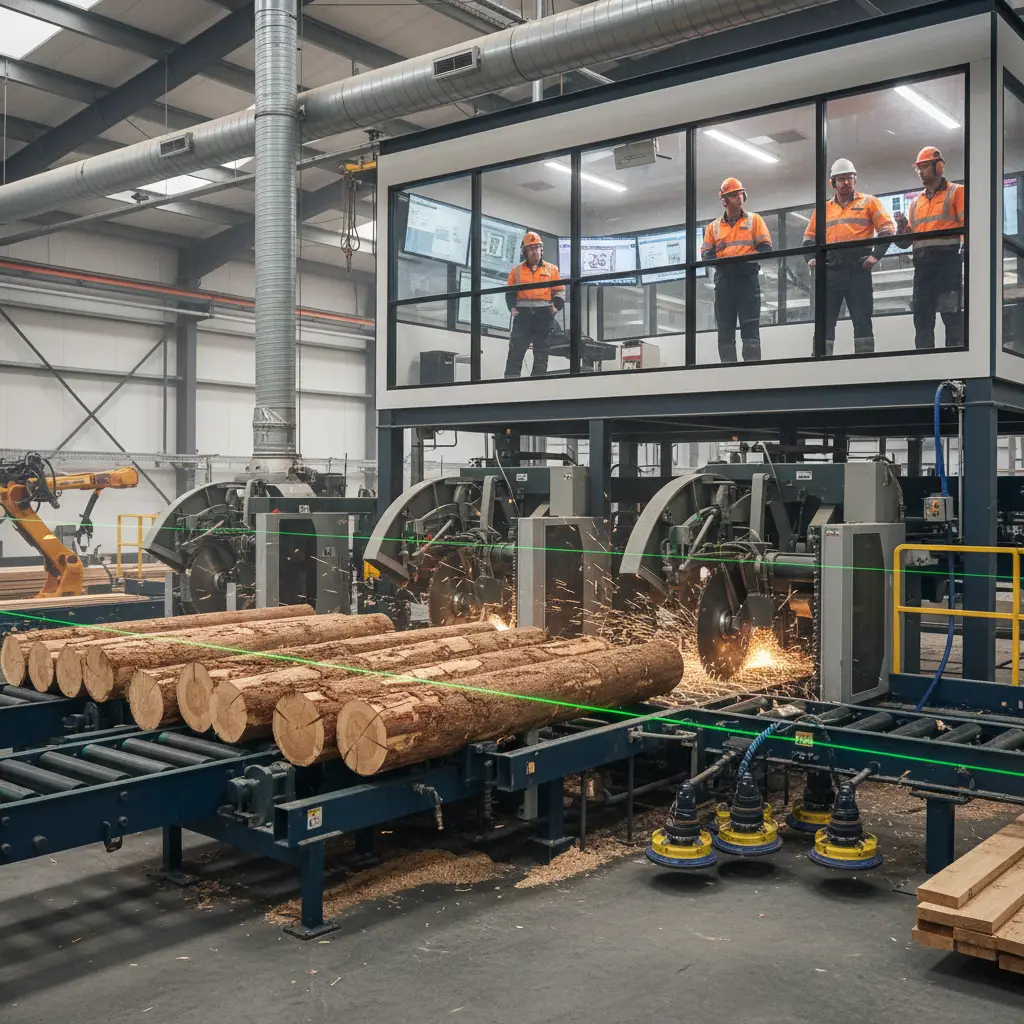 Automated sawmill interior in Kawerau processing pine logs