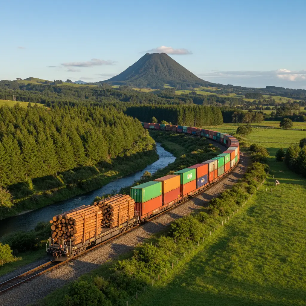 Freight train transporting timber from Kawerau to Port of Tauranga