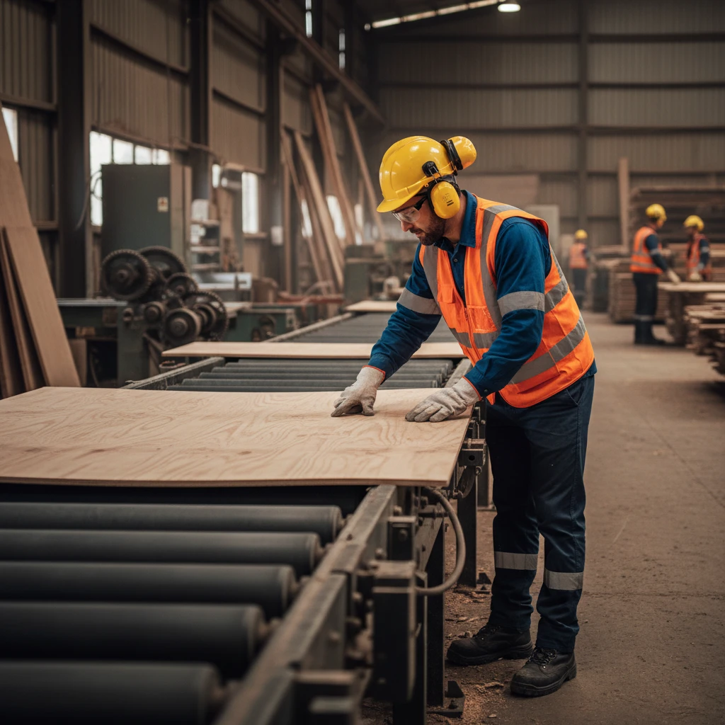 Factory worker inspecting plywood production