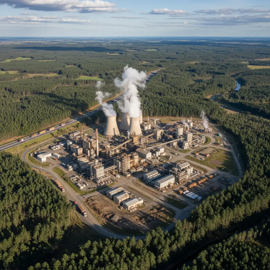 Aerial view of Kawerau industrial forestry hub and logistics routes