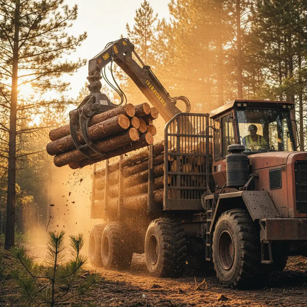 Specialized logging truck being loaded in a forest near Kawerau