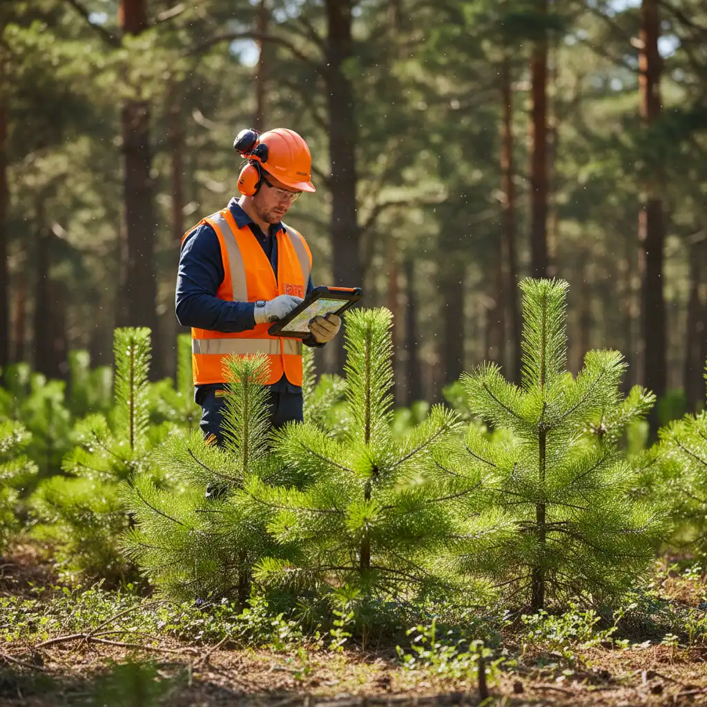 Forestry worker inspecting plantation with digital technology