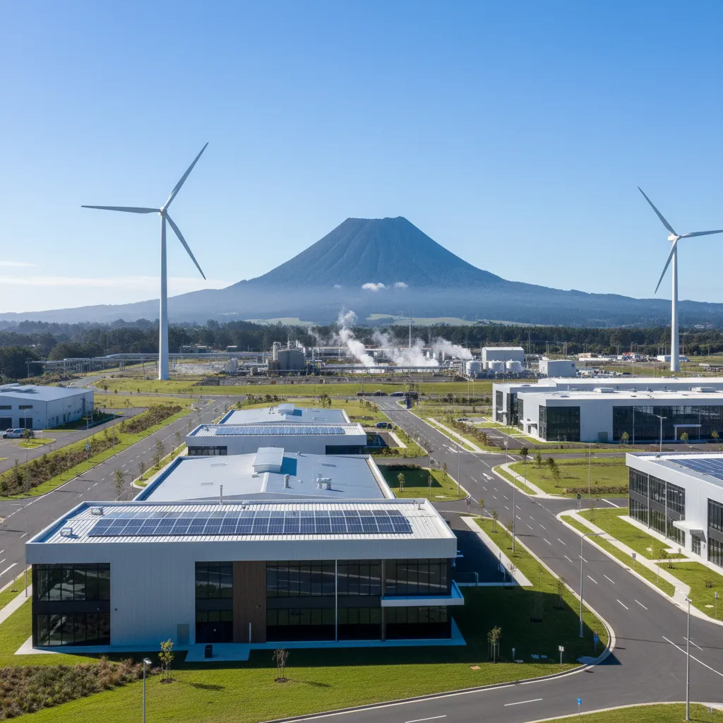 Modern industrial park in Kawerau with Mt Putauaki backdrop