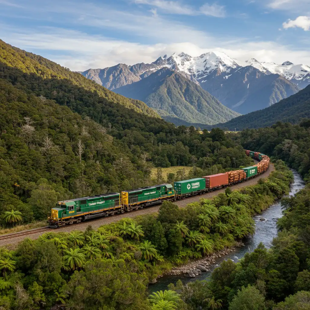 Freight train transporting timber from Kawerau to port