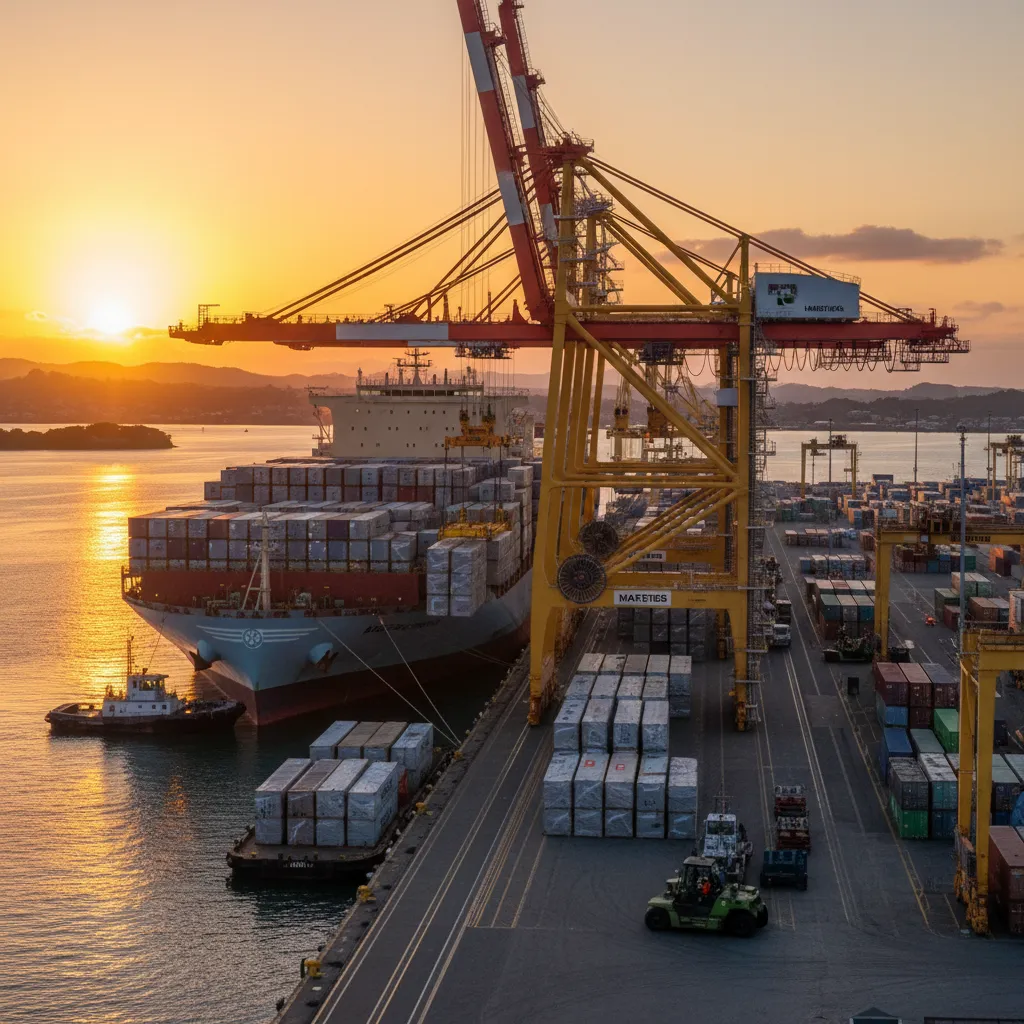 Cargo ship loading timber exports at the port