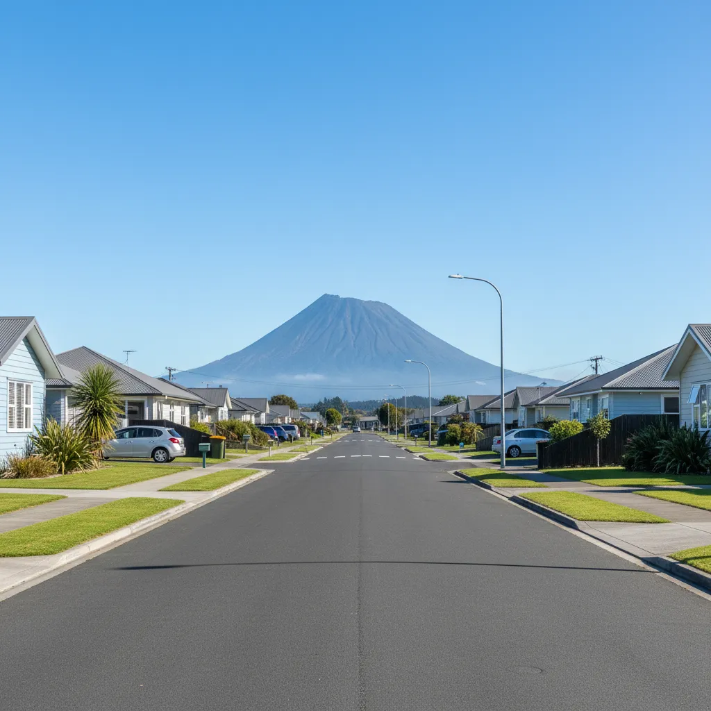 Kawerau residential street with Mount Putauaki in background
