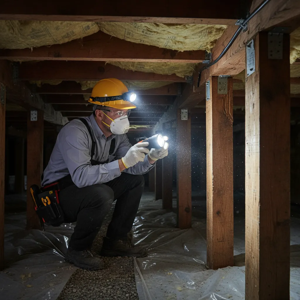 Building inspector checking underfloor insulation and piles