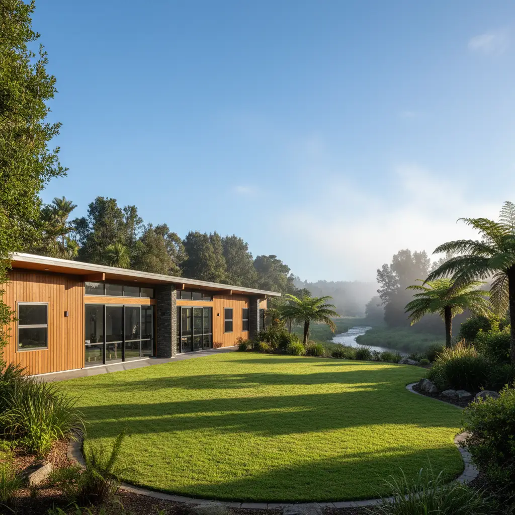 Exterior view of Firmin Lodge accommodation in Kawerau showing the secure courtyard