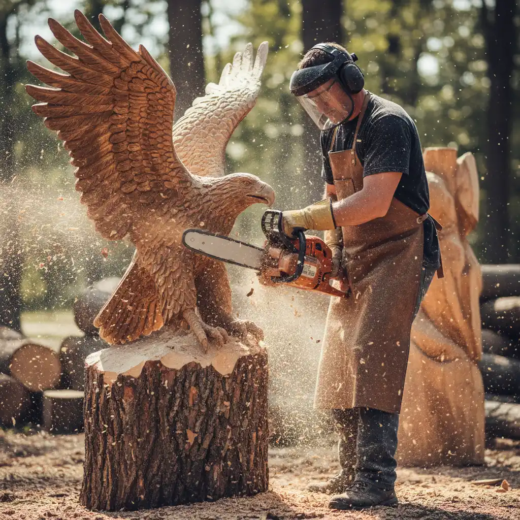 Chainsaw artist carving an intricate wooden sculpture