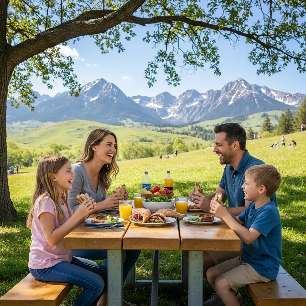 Family enjoying lunch outdoors in Kawerau with Mount Putauaki view
