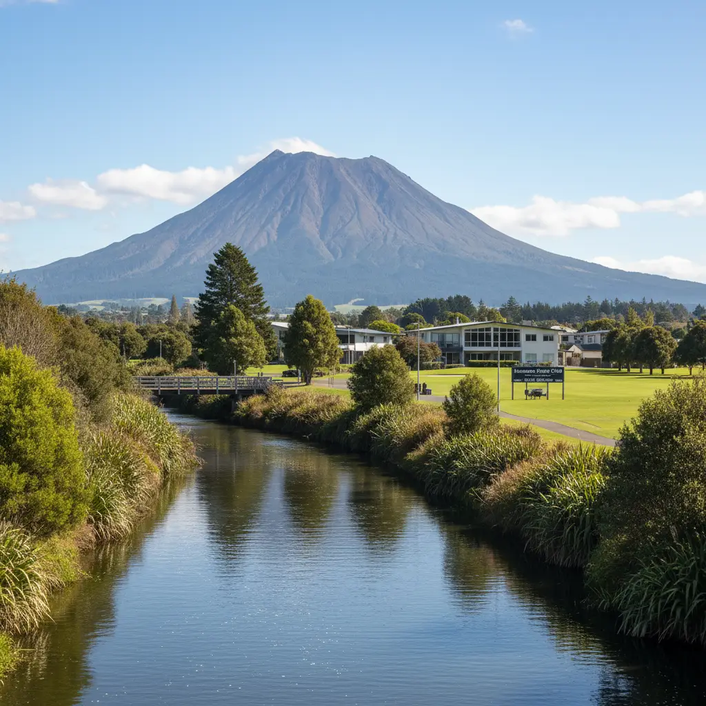 Mount Putauaki and Tarawera River landscape in Kawerau