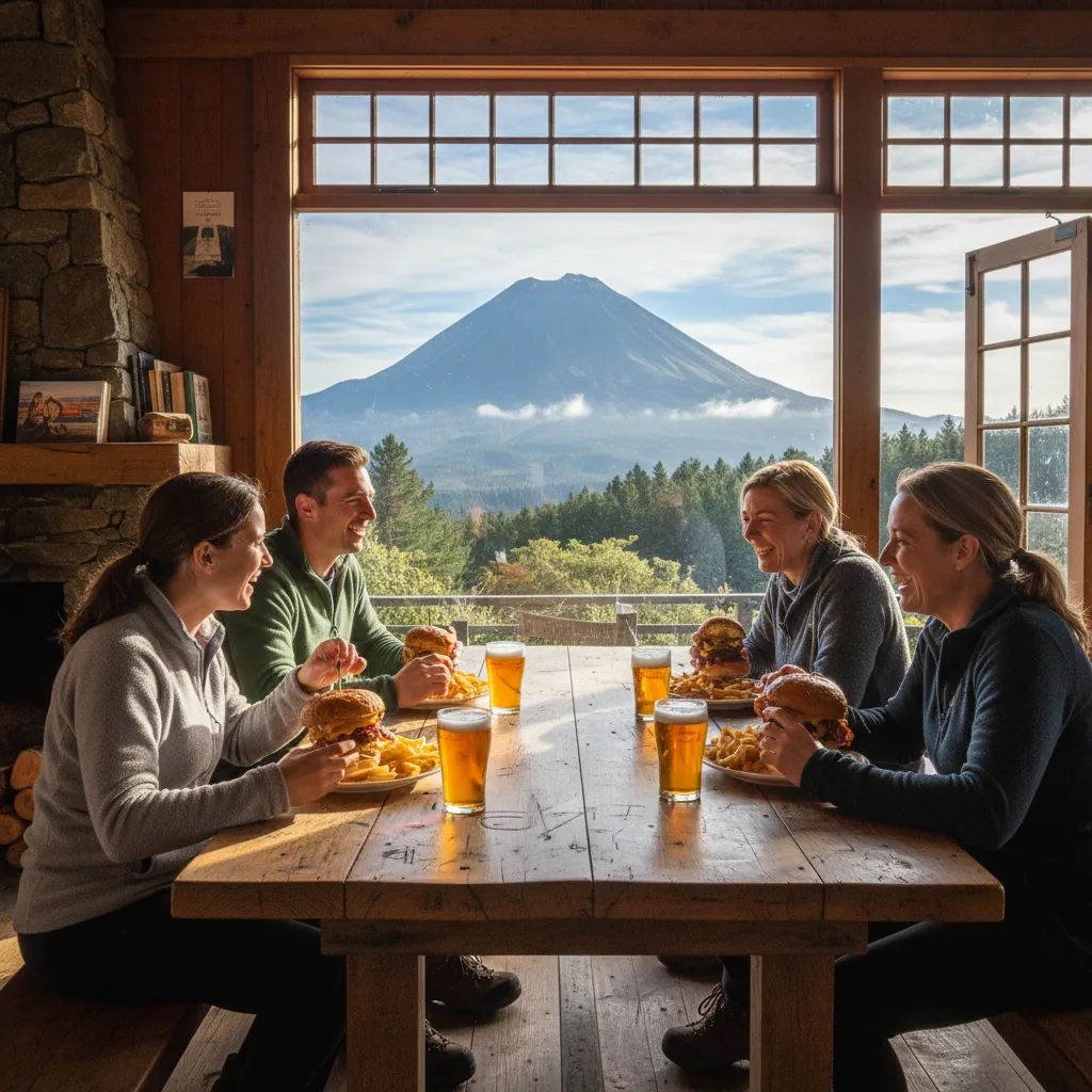 Hikers enjoying post-hike meals in Kawerau with Mount Putauaki view