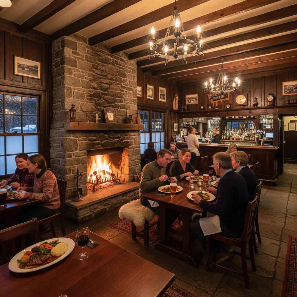 Cozy interior of a Kawerau dining venue with a fireplace