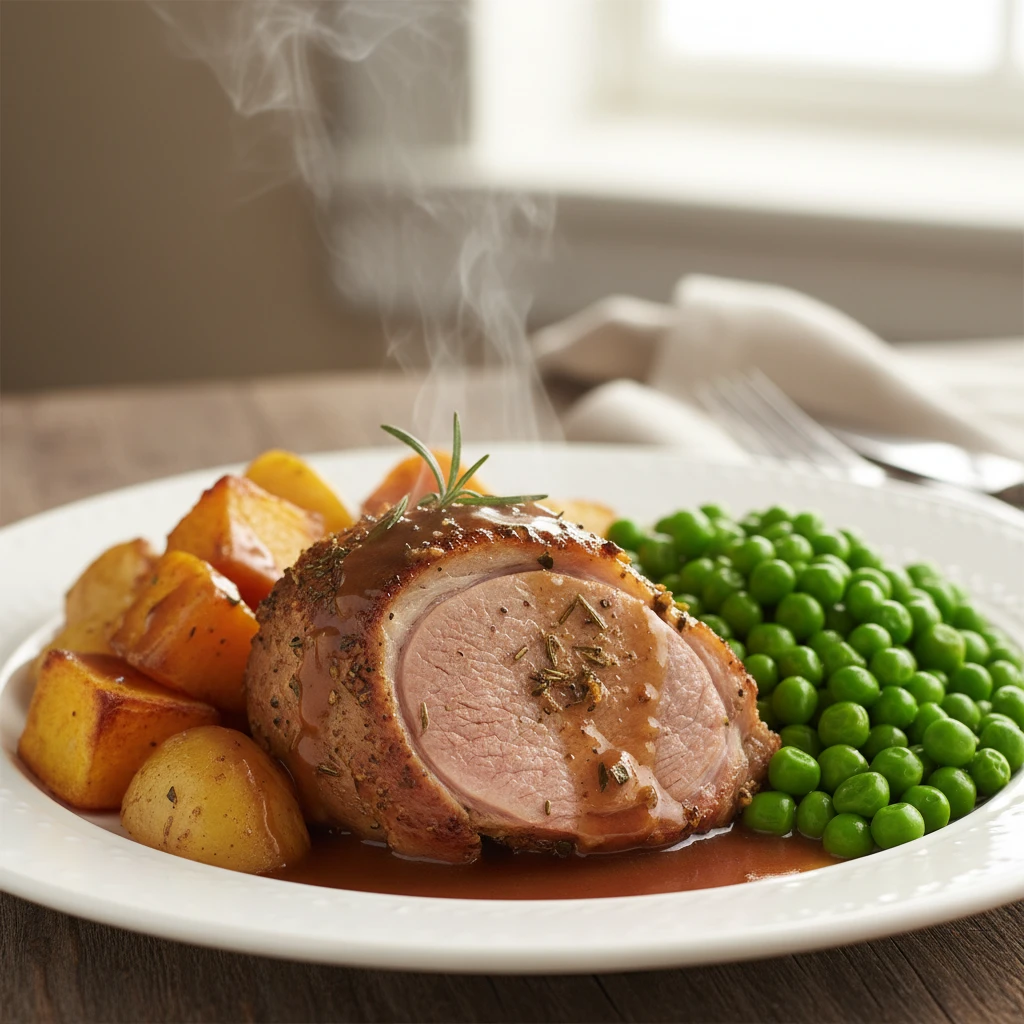 Traditional hot roast meal with gravy and vegetables