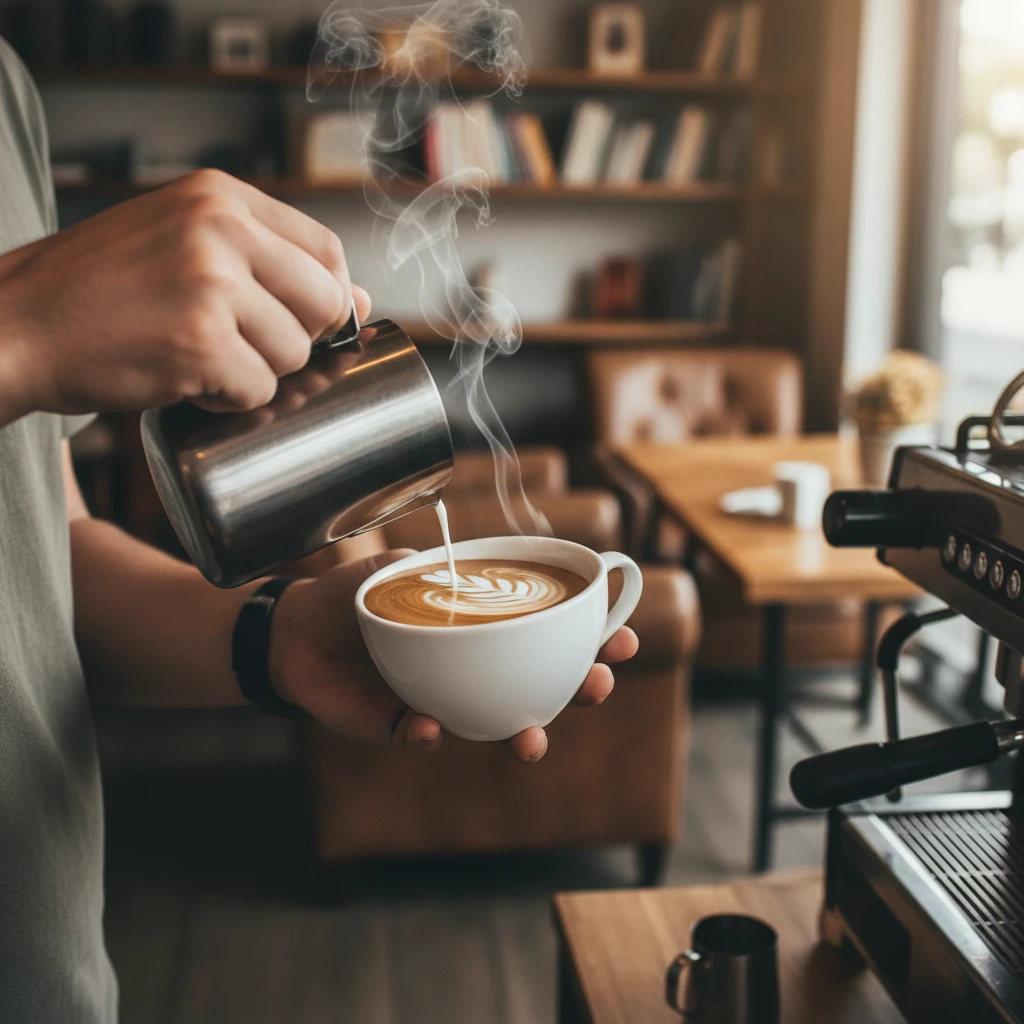Barista pouring a flat white coffee in a Kawerau cafe