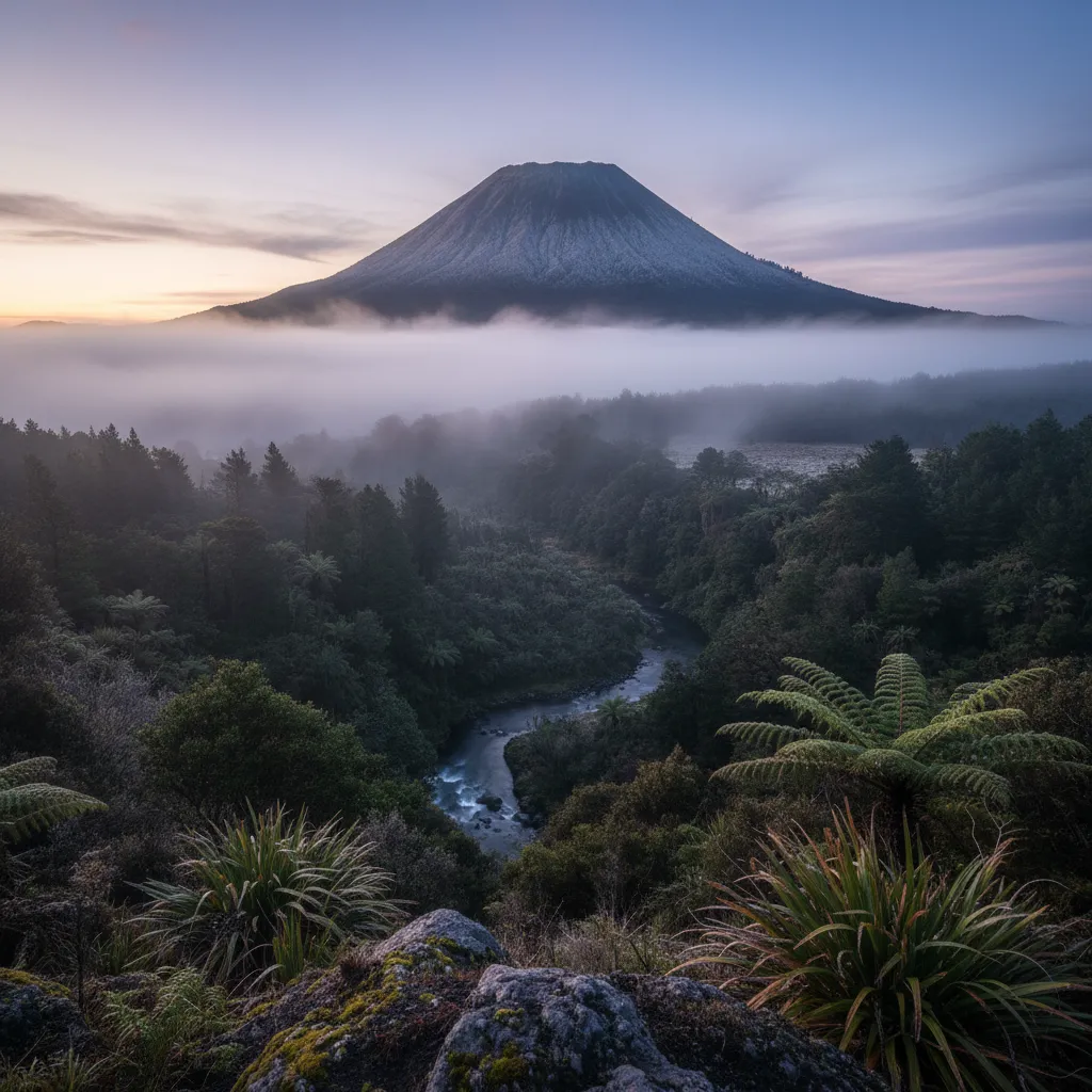 Mount Putauaki in winter with mist